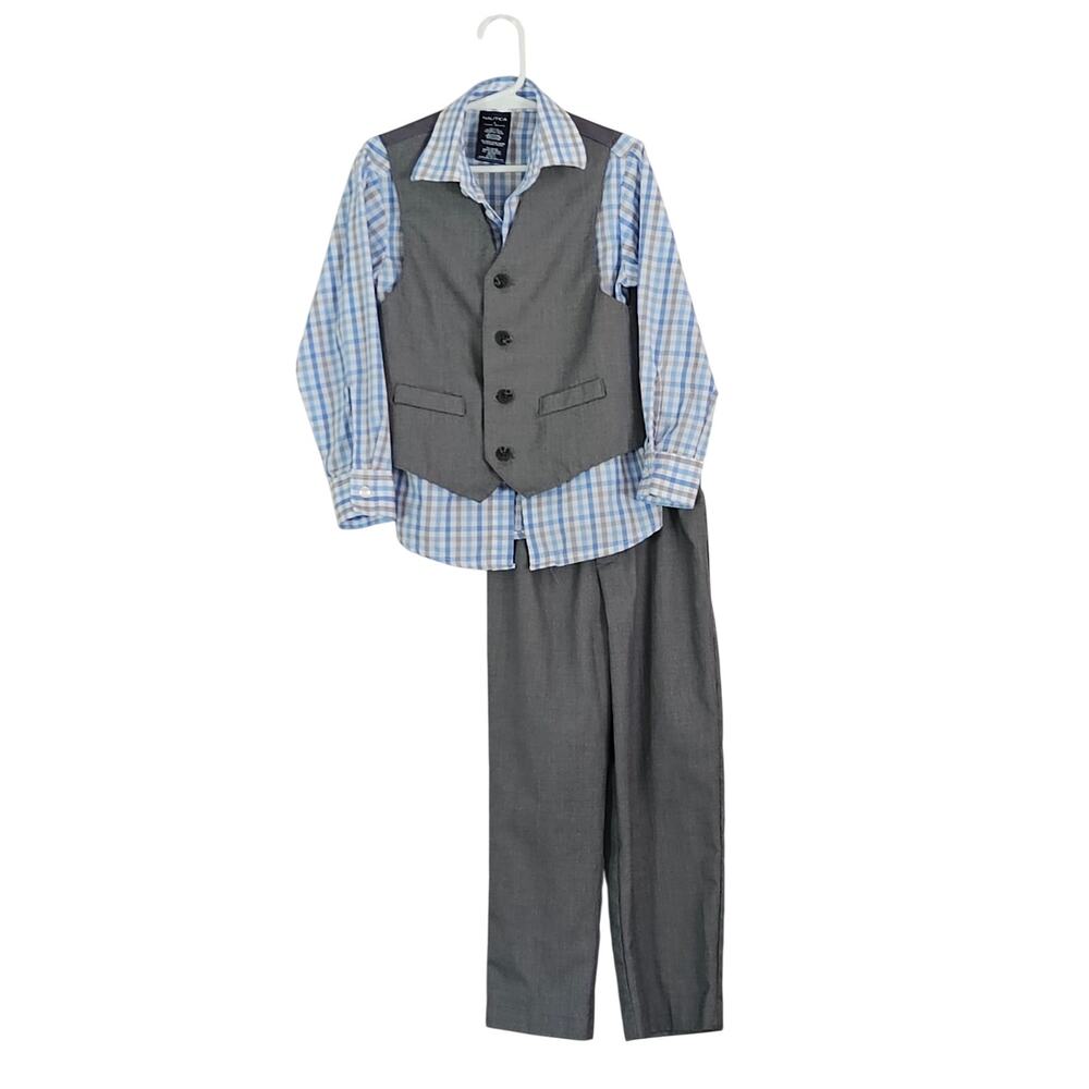 Nautica Boys Size 5 Three Piece Suit Set Gray/Blue EUC